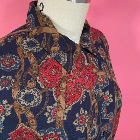 ❌SOLD❌Vintage 90s Pendleton Rayon ButtonDown Shirt Belt Buckle Straps Navy 6 - Picture 5 of 13